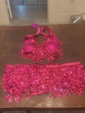 Fuchsia Sequin Halter Bra and Hip Scarf Set - Women